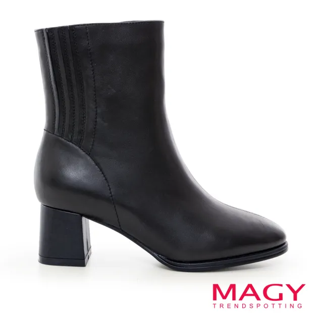 【MAGY】清新簡單素色真皮粗跟短靴(黑色)
