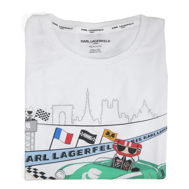 【KARL LAGERFELD 卡爾】賽車圖案短袖棉T 上衣(白色)