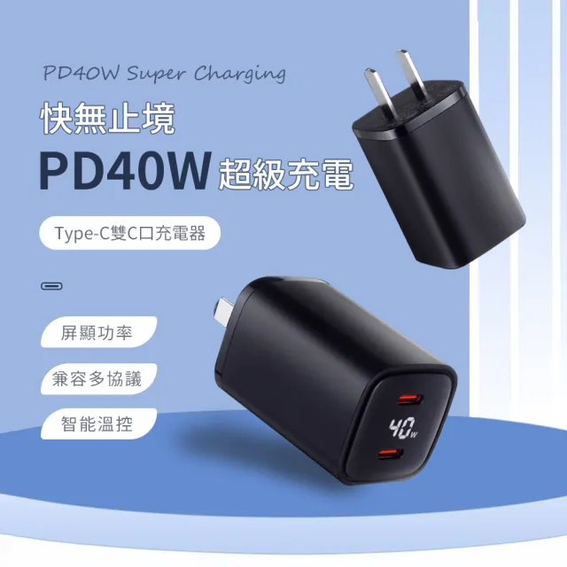 【OMG】iPhone16promax 氮化鎵數顯充電器 PD40W Type-C雙C口快充充電器(iPad/筆電/安卓手機充電頭)