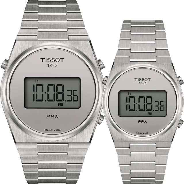 【TISSOT 天梭】官方授權 PRX Digital 數位石英對錶 石英手錶 送行動電源(T1374631103000+T1372631103000)