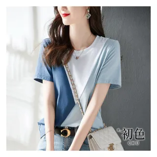 【初色】簡約撞色拼接短袖T恤-藍色-60899(M-2XL可選)