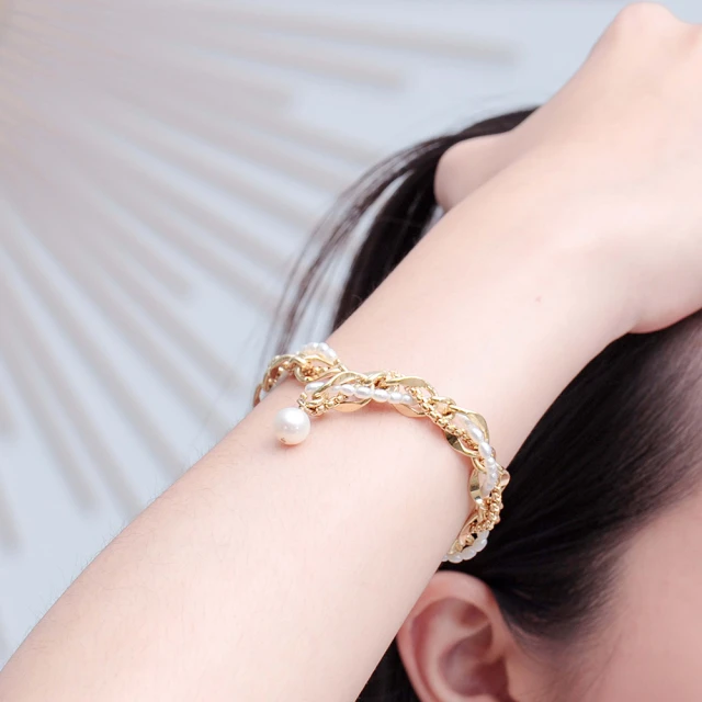 Olivia Yao Jewellery 歐美時尚 金色編織鎖鍊珍珠手環(Mesh Collectiom)