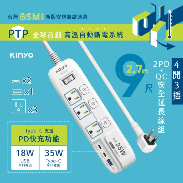 【KINYO】4開3插2PD+QC延長線 2.7M(35W氮化鎵/PD快充延長線 GIPD-353439)