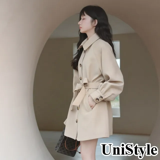 【UniStyle】現貨 簡約長袖風衣 韓版單排釦系帶中長款外套  女 ZMC332-F909(卡其)