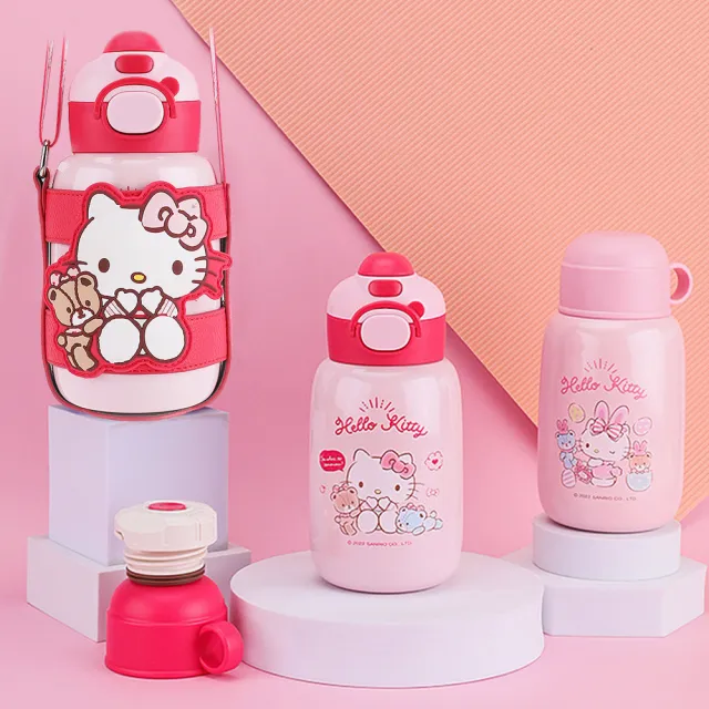 【優貝選】三麗鷗HELLO KITTY 立體杯套316不鏽鋼直飲式/吸管式 一蓋兩用兒童水壺套組 520ML(平輸品)