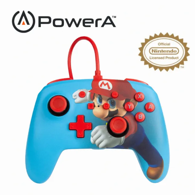 【PowerA】任天堂官方授權 Switch 副廠 增強款有線遊戲手把(1518605-02-瑪利歐之拳-藍)
