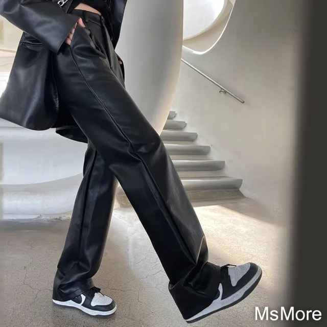 【MsMore】PU皮褲休閒寬鬆直筒長腿高腰窄版闊腿褲西裝皮長褲#119953(黑)