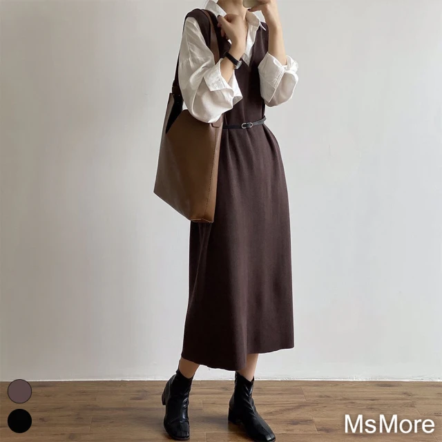 【MsMore】超流行的美拉德風穿搭V領設計寬鬆連身裙簡約背心中長版洋裝#119976(黑/咖)