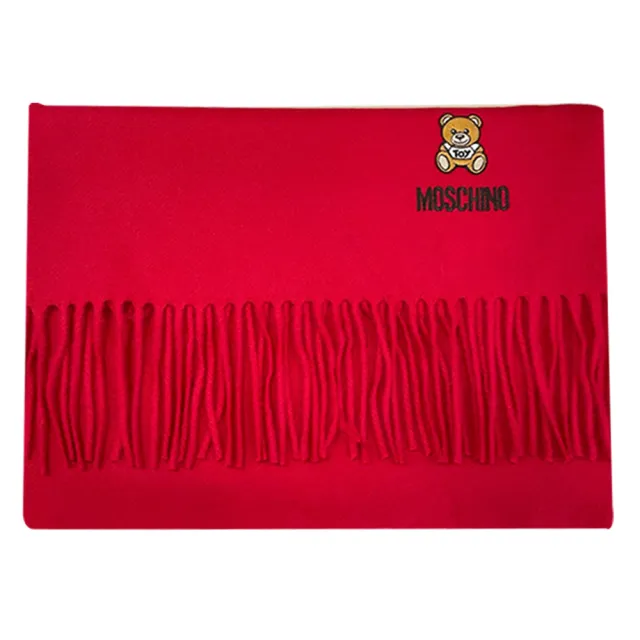 【MOSCHINO】刺繡小熊流蘇圍巾(黑色/紅色/米白)