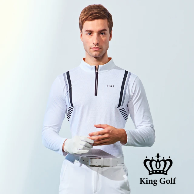 KING GOLFKING GOLF 門市新品-男款線條感暗格印花立領拉鍊POLO衫/高爾夫球衫(白色)