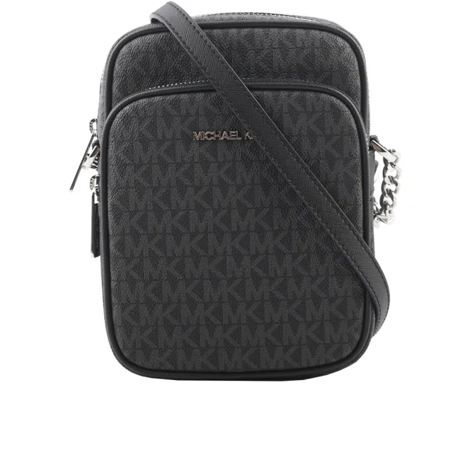 【Michael Kors】銀字滿版塗層帆布拉鍊中款直式斜背包(黑色)