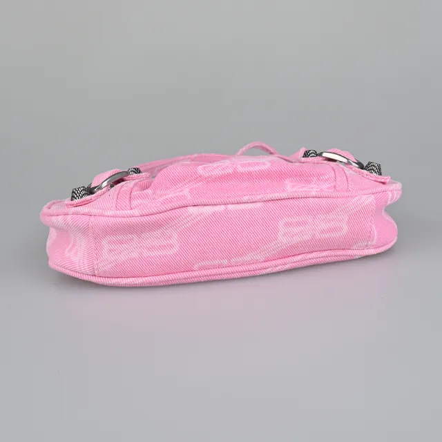 【Balenciaga 巴黎世家】Le Cagole經典LOGO復古銀釦緹花鍊帶兩用包(迷你/粉紅)