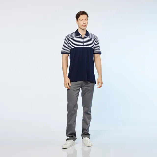 【NAUTICA】男裝  細條紋拼接拉鍊短袖POLO衫(深藍)