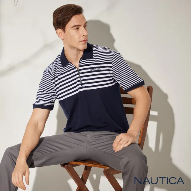 【NAUTICA】男裝  細條紋拼接拉鍊短袖POLO衫(深藍)