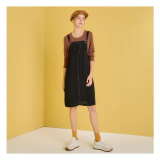 【YUTZUYA 優姿雅】親膚棉感拼接雪紡吊帶連身裙/洋裝(假兩件/長袖/配色車線/兩側口袋/懶人穿搭)