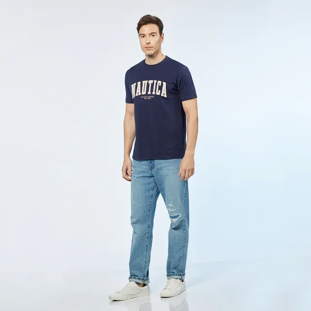 【NAUTICA】男裝 經典品牌文字LOGO短袖T恤(深藍)