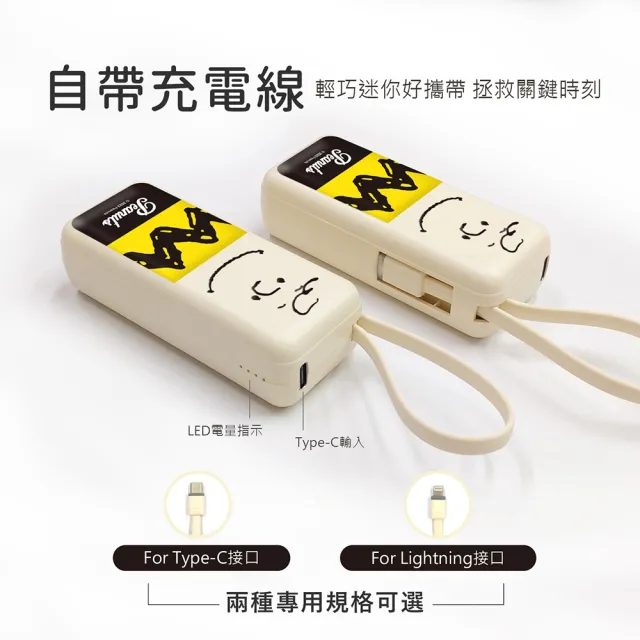 【SNOOPY 史努比】PSN-114 6000mAh 夾心棒行動電源(自帶線/Type-C接頭專用)