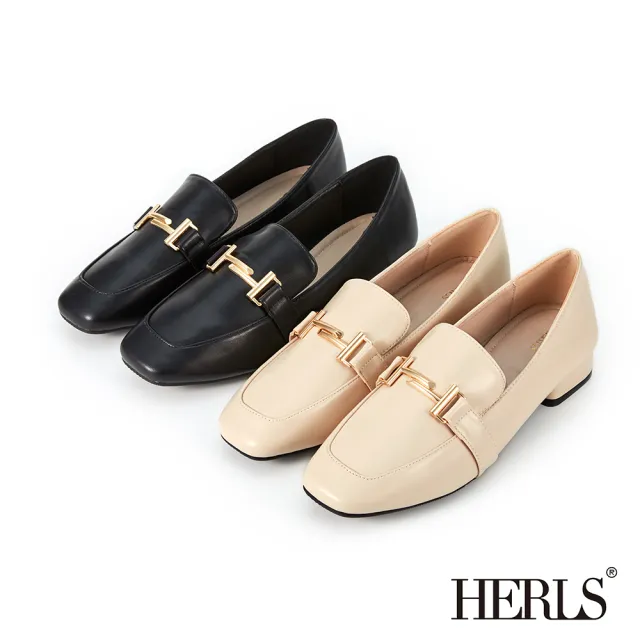 【HERLS】樂福鞋-H釦方頭低跟樂福鞋(黑色)