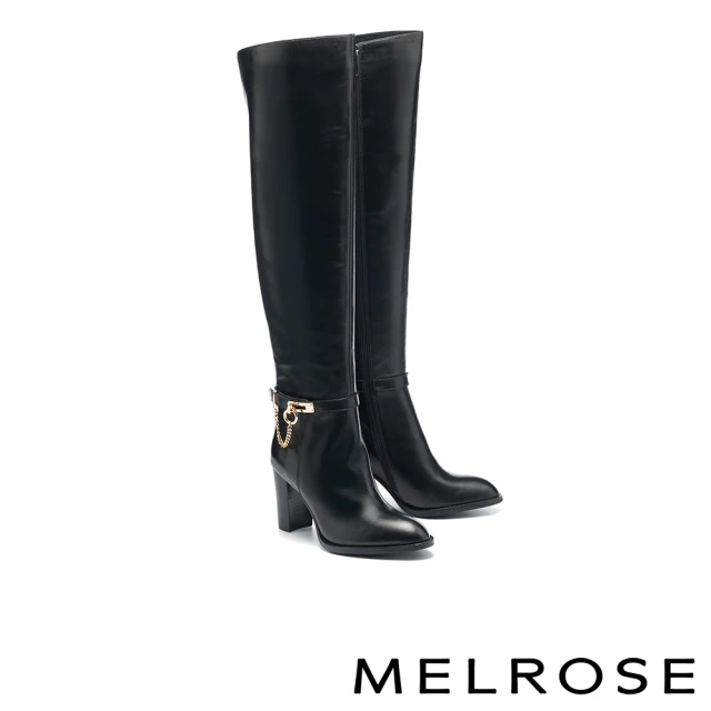 MELROSEMELROSE 美樂斯 時尚氣勢鍊條環帶牛皮美型高跟長靴(黑)