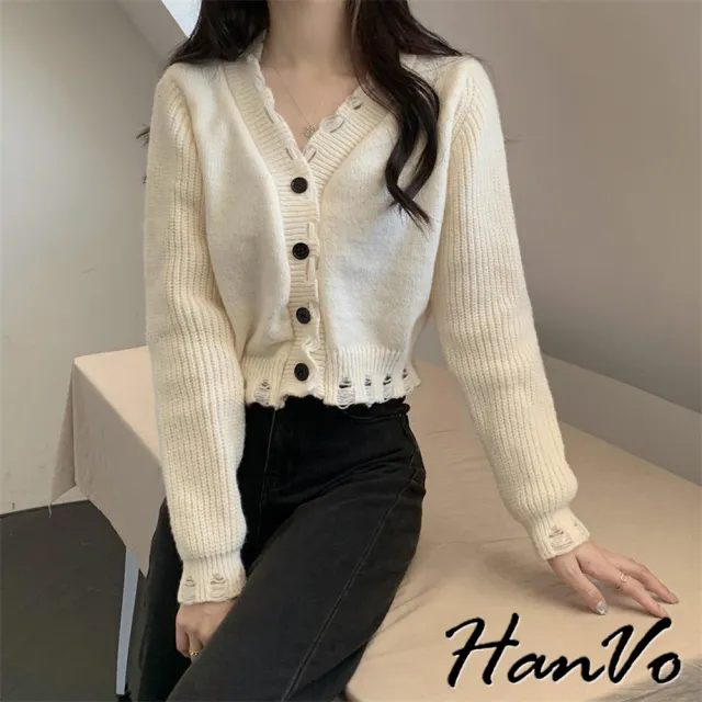 【HanVo】現貨 短版針織個性破洞上衣(設計感V領親膚柔軟衣著 韓系女裝 女生衣著 A02-1955)