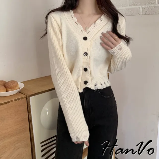 【HanVo】現貨 短版針織個性破洞上衣(設計感V領親膚柔軟衣著 韓系女裝 女生衣著 A02-1955)