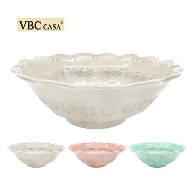 義大利La Ceramica VBC 手工唯美蕾絲系列 38cm大沙拉碗--粉嫩3色可選(義大利製手工大沙拉碗 果盆)