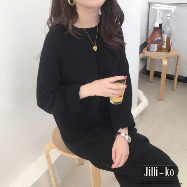 JILLI-KO 寬鬆圓領過膝連衣長裙-F(黑)