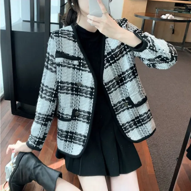 【LANNI 藍尼】★格紋加厚粗呢英倫風外套(小香風/單排釦/長袖)