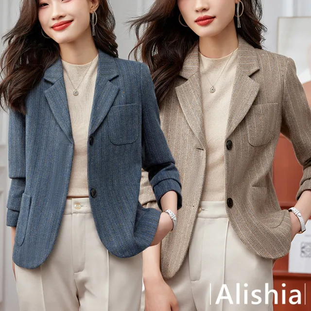 【Alishia】顯瘦條紋短版休閒西裝外套 M-3XL(現+預  杏色 / 橘紅色 / 藍色)