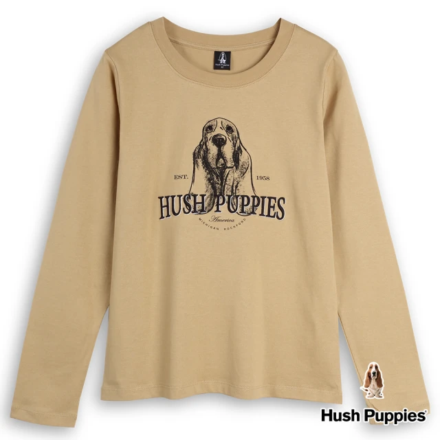 【Hush Puppies】女裝 T恤 女裝素描狗印繡花長袖棉質T恤(卡其 / 34211107)