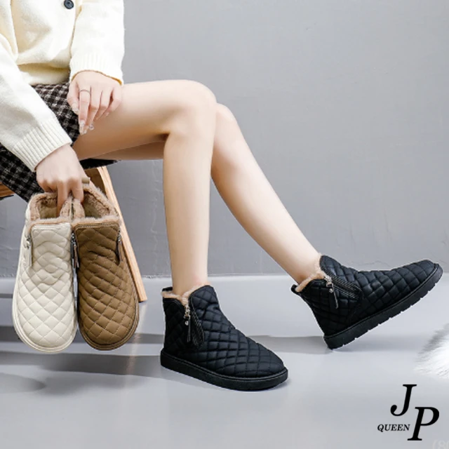 【JP Queen New York】流行菱格保暖絨毛厚底短筒雪靴(3色可選)