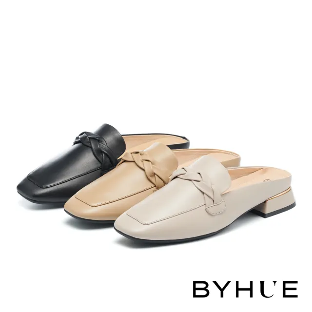 【BYHUE】韓系優雅羊皮麻花編織繫帶軟芯低跟穆勒拖鞋(杏)