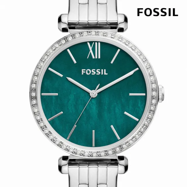 【FOSSIL 官方旗艦館】Tillie 文藝波紋潮水綠女錶 銀色不鏽鋼錶帶 指針手錶 36MM BQ3883