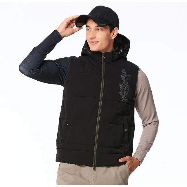 【Lynx Golf】男款保暖防風防潑水科技羽絨材質剪裁壓線設計造型胸袋口袋無袖可拆式連帽背心(二色)