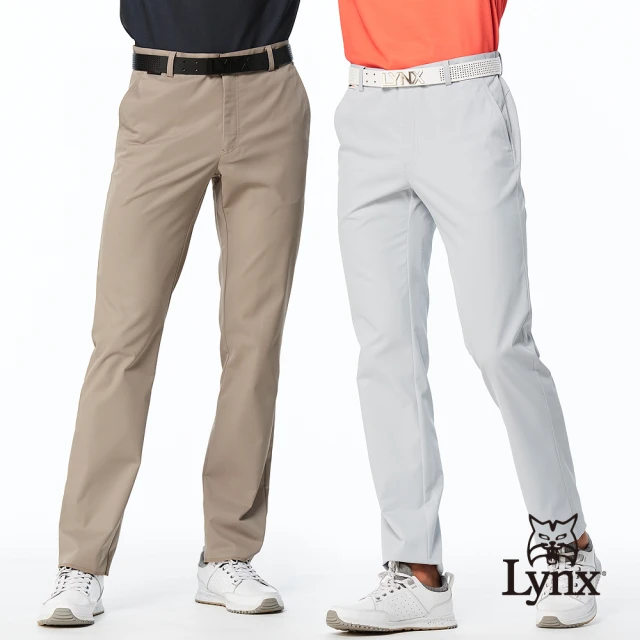 Lynx Golf 男款日本進口布料素面造型麂皮夾標不對稱拉鍊後口袋平口窄管休閒長褲(二色)