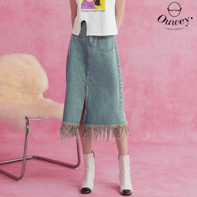 【OUWEY 歐薇】仿舊刷色抽鬚開衩牛仔長裙(藍色;XS-L;3233228201)