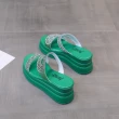 【HMH】厚底拖鞋 坡跟拖鞋 撞色拖鞋/閃耀美鑽撞色格子Z字帶造型坡跟厚底拖鞋(綠)
