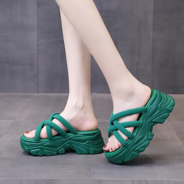 【HMH】厚底拖鞋 交叉拖鞋/個性交叉織帶造型厚底拖鞋(綠)