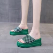 【HMH】坡跟拖鞋 厚底拖鞋 撞色拖鞋/閃耀美鑽撞色格子造型坡跟厚底拖鞋(綠)