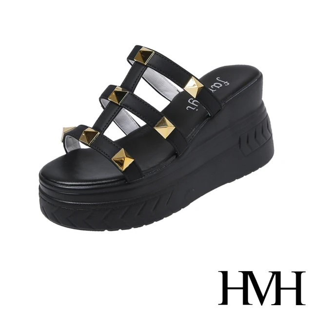 【HMH】厚底拖鞋 縷空拖鞋/立體金屬鉚釘個性縷空設計厚底拖鞋(黑)
