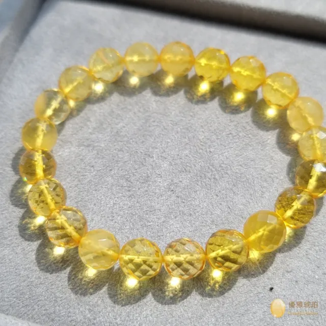 【優雅琥珀】8mm檸檬金珀 鑽面圓珠手串(隨身至寶 晶瑩閃亮  具鑑定證書)
