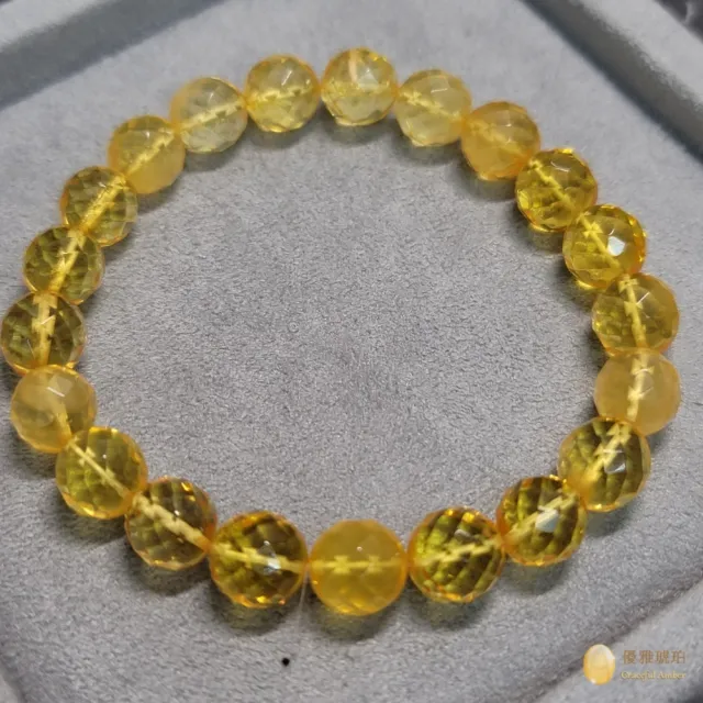 【優雅琥珀】8mm檸檬金珀 鑽面圓珠手串(隨身至寶 晶瑩閃亮  具鑑定證書)