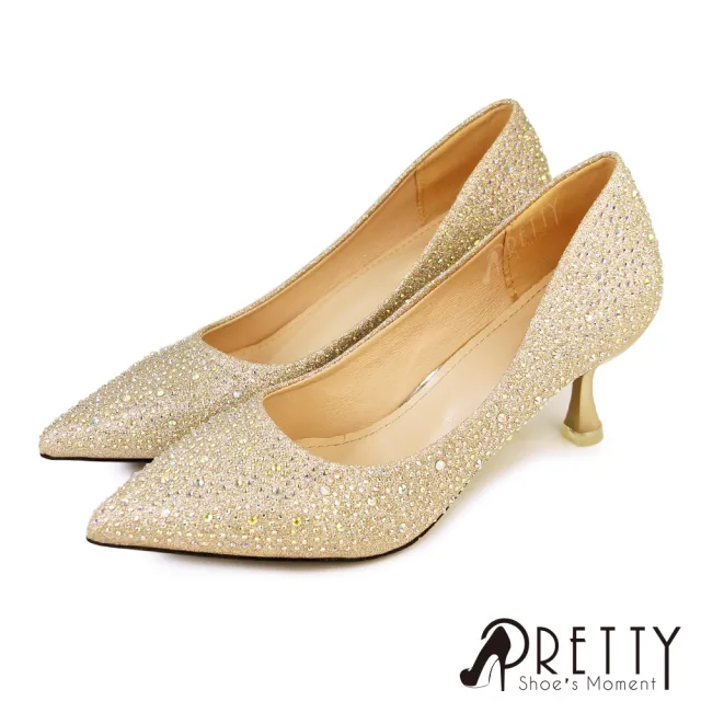 【Pretty】女鞋 高跟鞋 包頭 新娘鞋 婚鞋 尖頭 水鑽(金色、銀色)