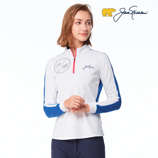 【Jack Nicklaus 金熊】GOLF女款配色吸濕排汗數位印花立領衫/高爾夫球衫(白色)