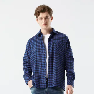 【ROBERTA 諾貝達】男裝 藍色格子長袖襯衫-冬季限定-純棉刷毛保暖織品(台灣製)