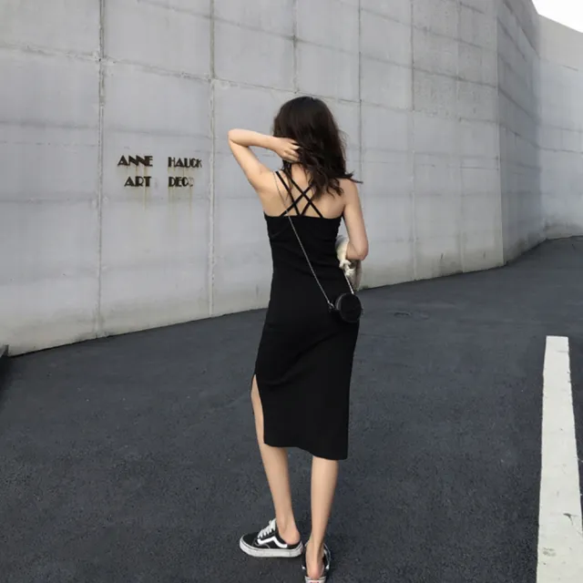 【D.studio】韓版開叉氣質顯瘦長版吊帶洋裝(連衣裙 連身裙 上衣 套裝 女裝 裙裝 短袖洋裝 S186)
