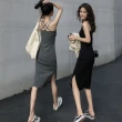 【D.studio】韓版開叉氣質顯瘦長版吊帶洋裝(連衣裙 連身裙 上衣 套裝 女裝 裙裝 短袖洋裝 S186)