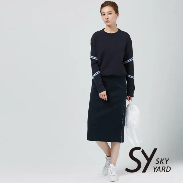 【SKY YARD】網路獨賣款-網布拼接修身鉛筆及膝裙(深藍)