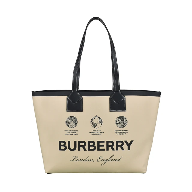 BURBERRY 巴寶莉 BURBERRY London黑字LOGO地球標誌織布拼接牛皮開口式手提肩背子母托特包(米)