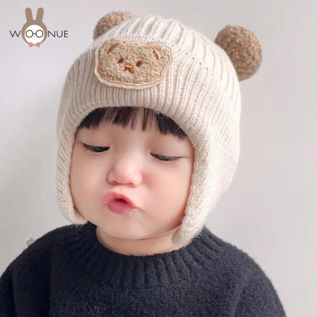 WOONUE 針織帽+圍巾/寶寶兒童嬰幼兒冬季小熊護耳針織帽
